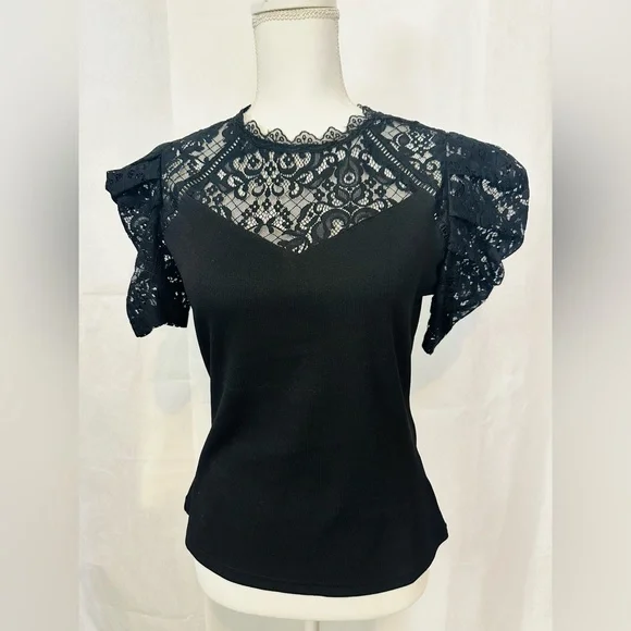 Black Lace-Detail Women’s Top - Picture 1 of 6